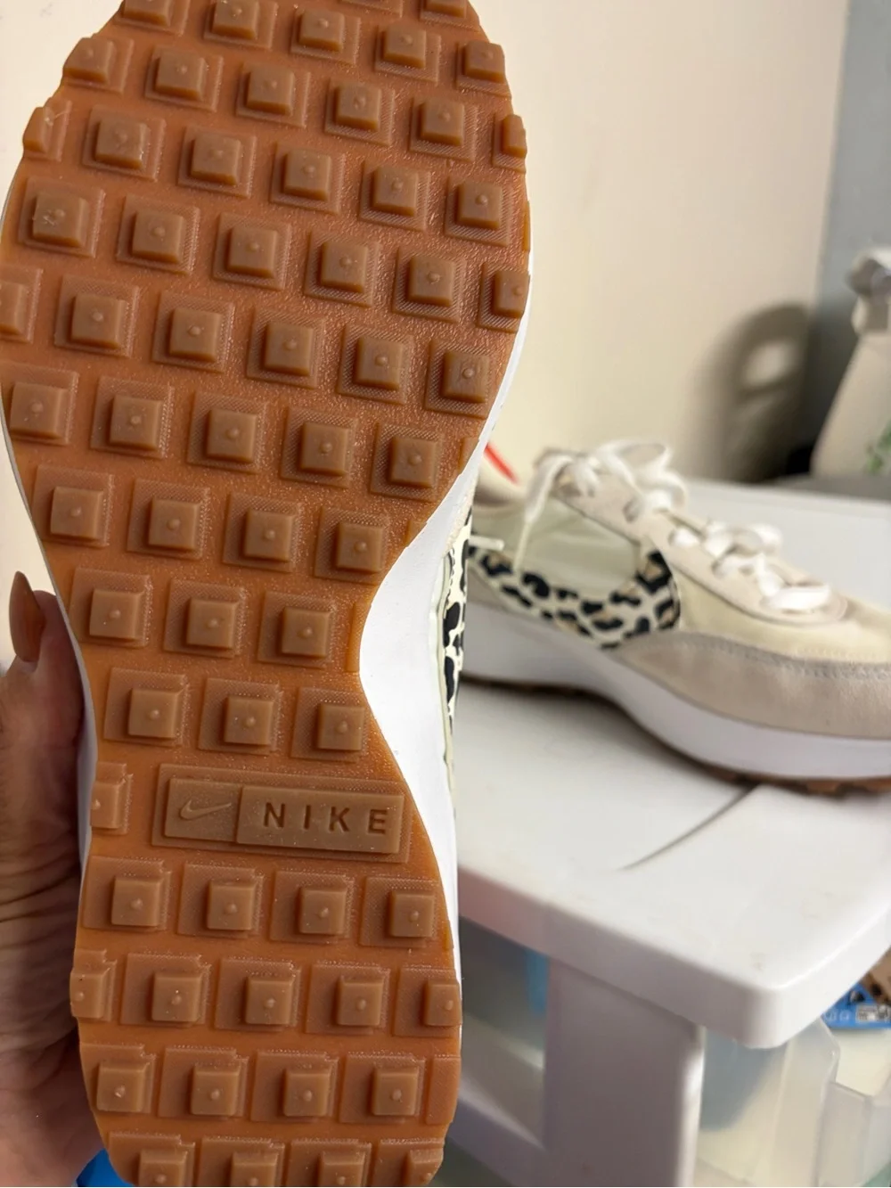 Nike Retro Runner Sneakers with Leopard Swoosh - Cream & White